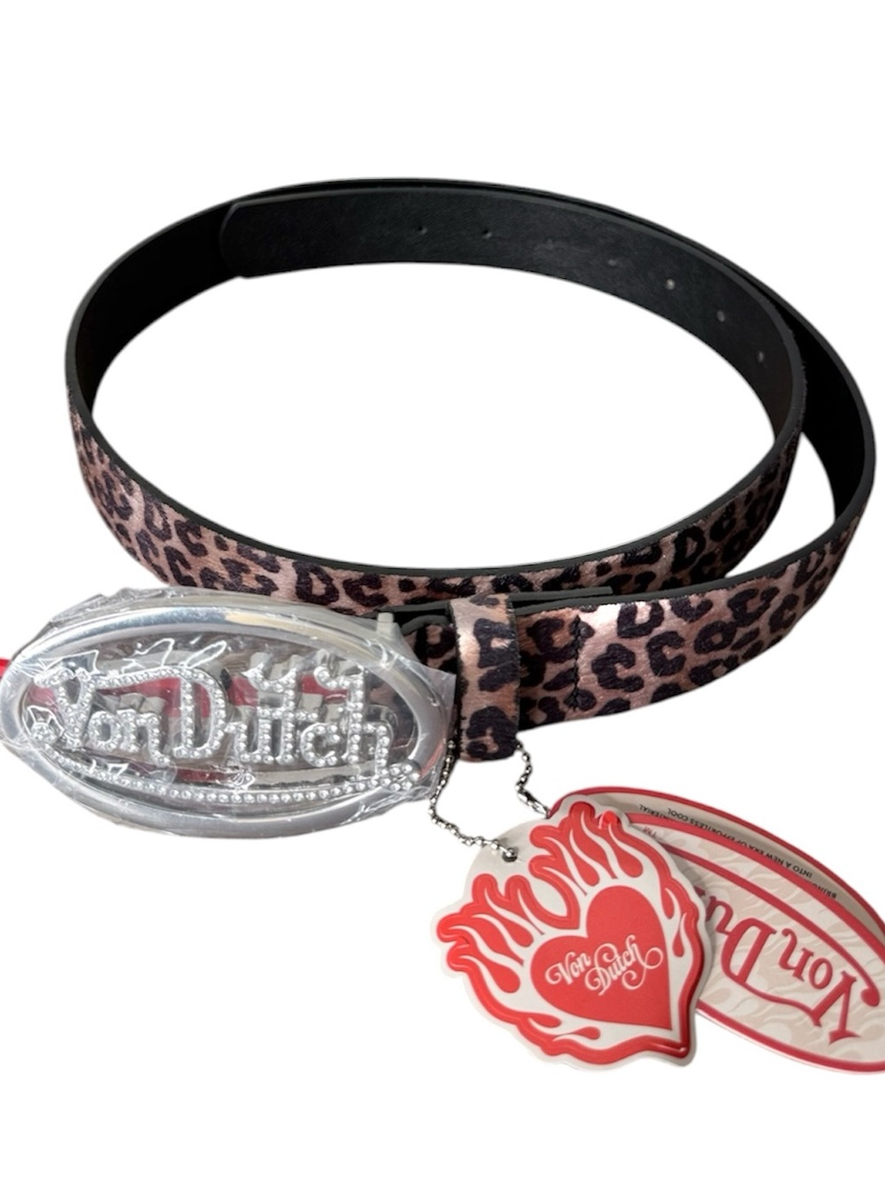 VON DUTCH New Leopard Print Faux Hair Belt Rhinestones Bling Buckle Size Large